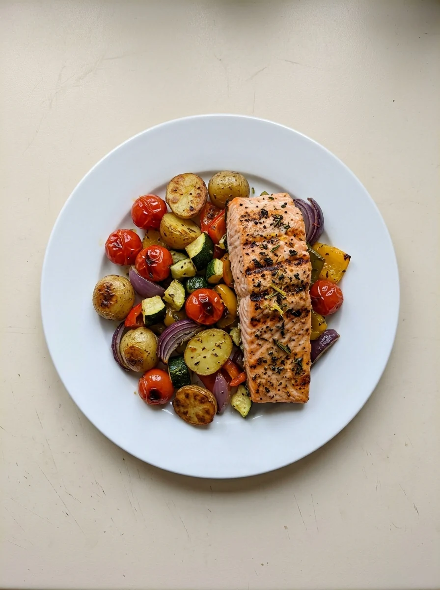 Salmón sintético original con patatas, tomates y calabacín