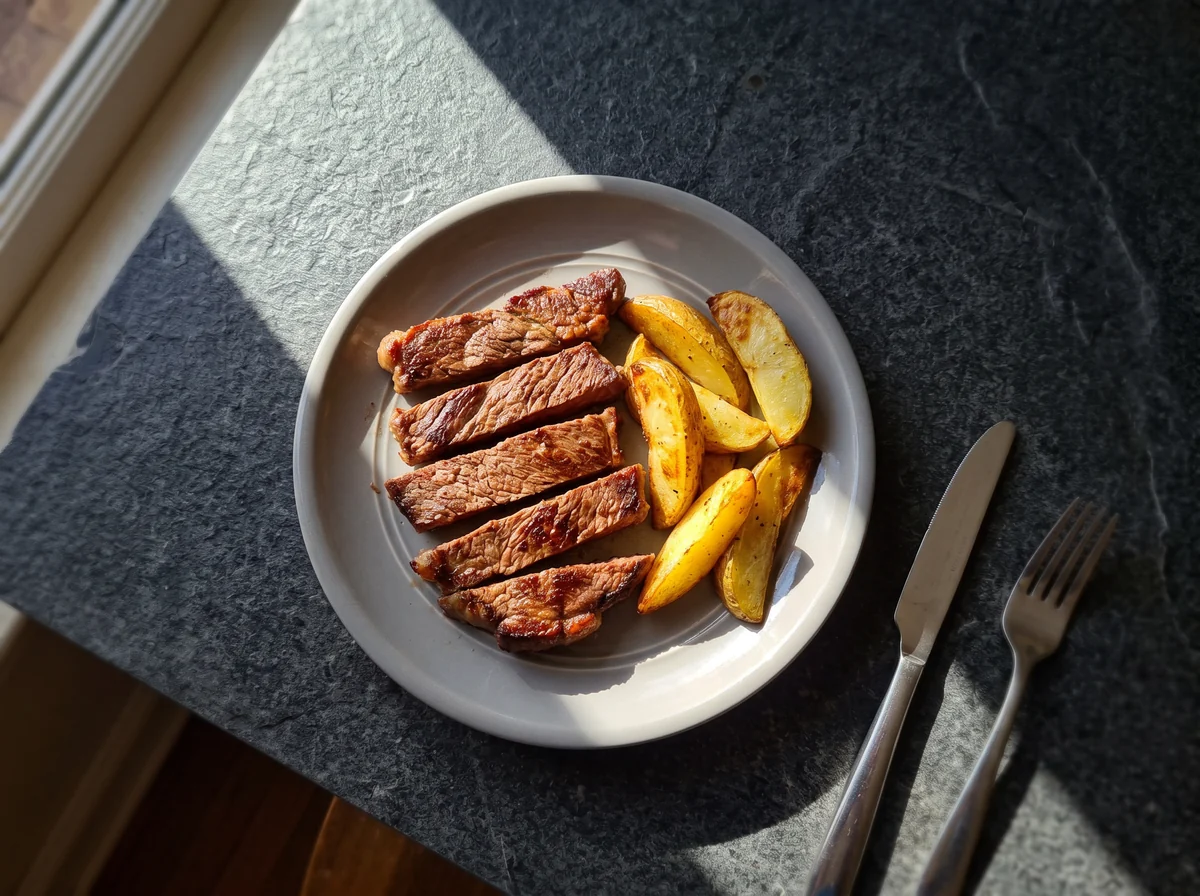 Ternera con patatas y sombras marcadas sobre piedra oscura
